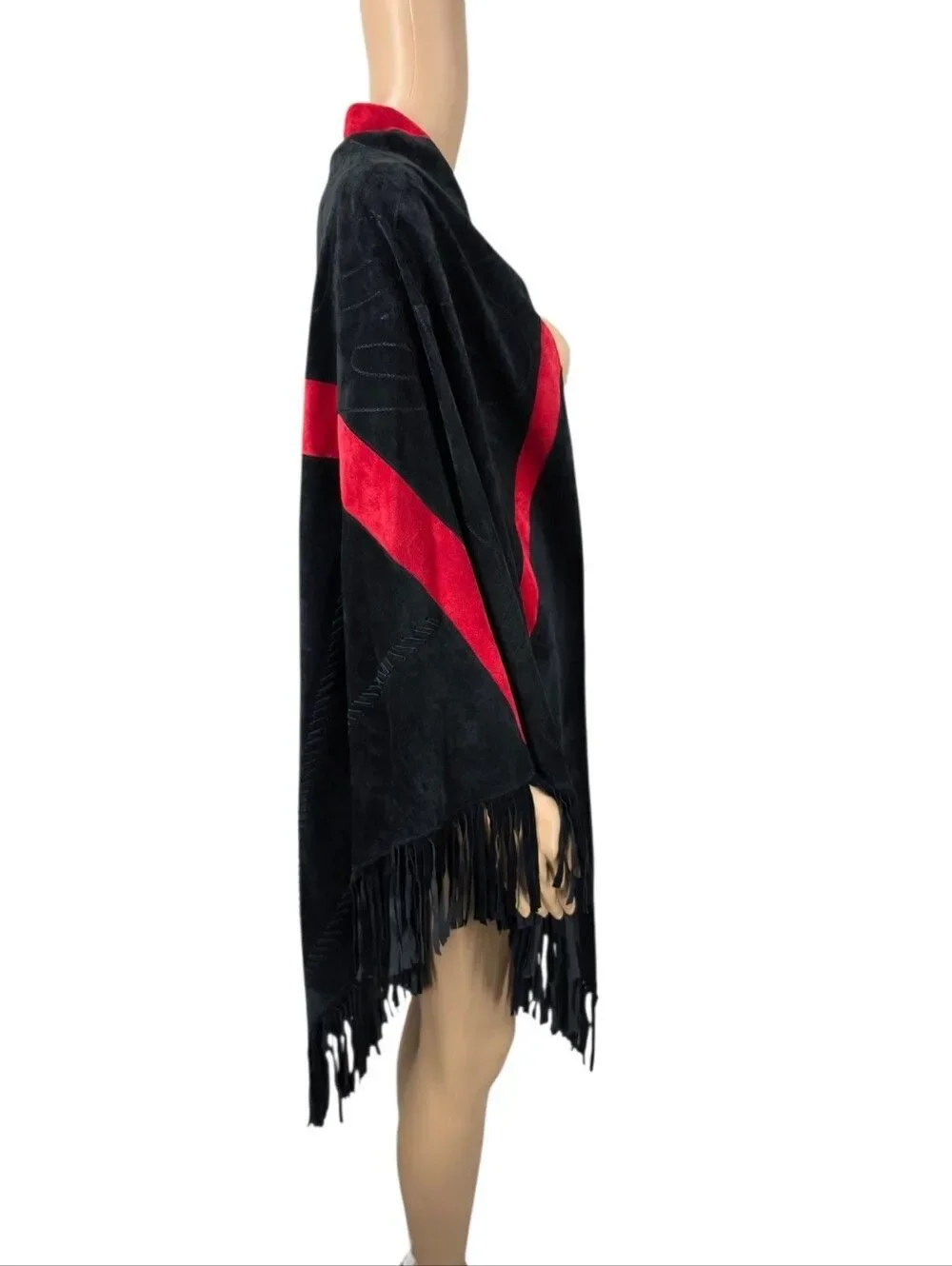 Vintage Black & Red Suede Nubuck All Leather Fringe Shawl Embroidered